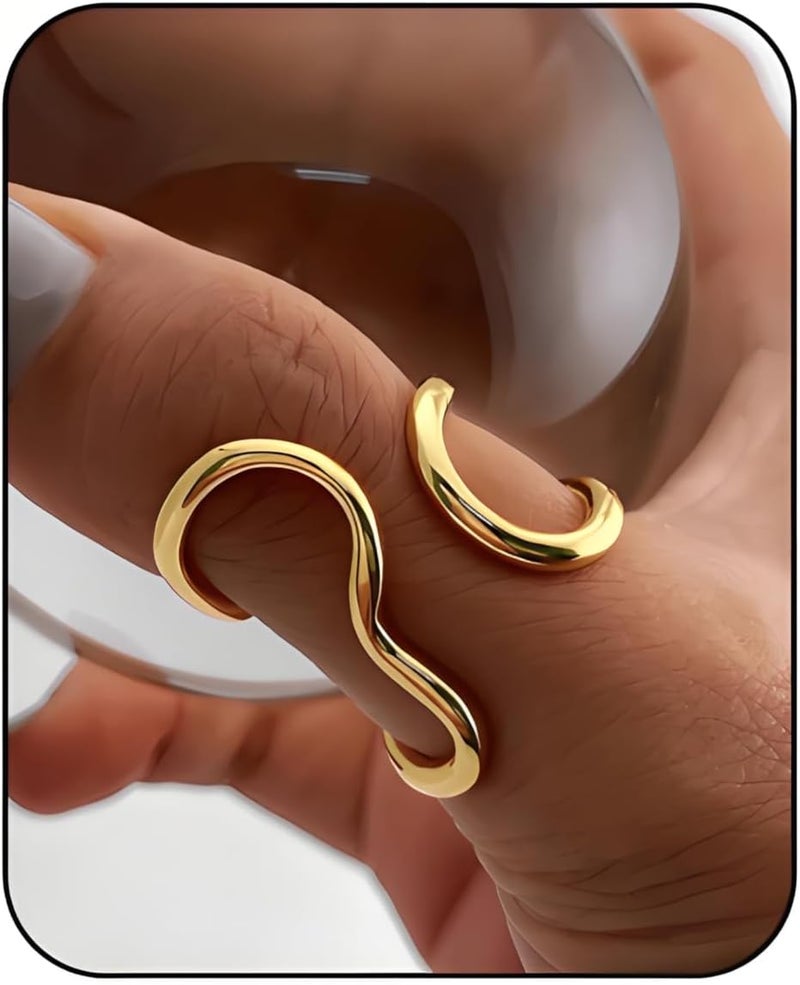 AiTURE Chunky Rings For Women, Gold Silver Thumb Ring Asymmetrical Wavy Curve Ring Adjustable Non Tarnish Dainty Stainless Steel New Year Anniversary Birthday Jewelry Gift - Image 1